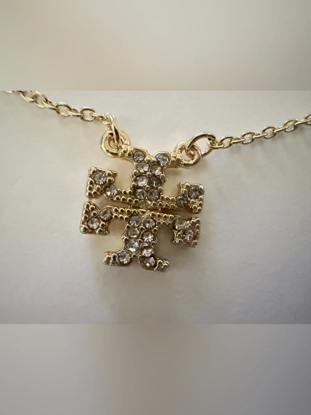 Tory Burch Gold Logo Pendant Necklace with Clear Crystals 17 inches